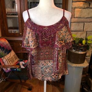 MISS ME SIZE SMALL SPAGHETTI STRAP MULTICOLORED MULTI PATTERNED BOHO BLOUSE